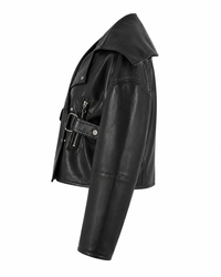 Veste Nanushka Ado courte en similicuir noir régénéré avec finition mate, silhouette écourté et fermeture éclair asymétrique, design minimaliste hongrois - vue de côté