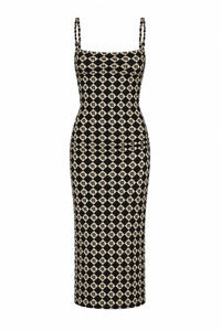 Robe Alexa par Nanushka en mesh recyclé noir, motif diamant check, coupe cintrée ajustée, style mystique élégant - vue de face