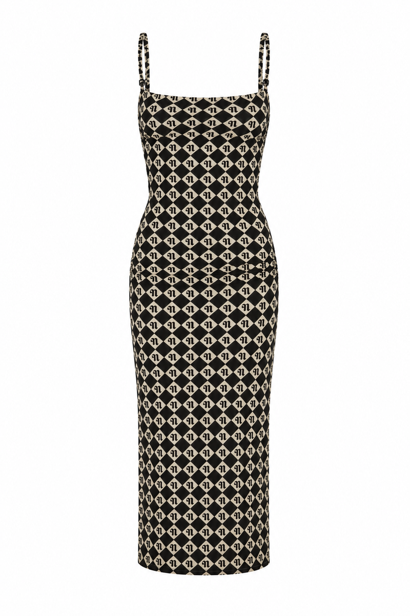 Robe Alexa par Nanushka en mesh recyclé noir, motif diamant check, coupe cintrée ajustée, style mystique élégant - vue de face
