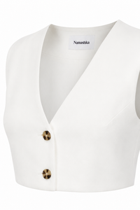 Veste courte Nanushka Suree blanc cassé en viscose structurée, coupe tailleur crop, encolure dégagée_détail top