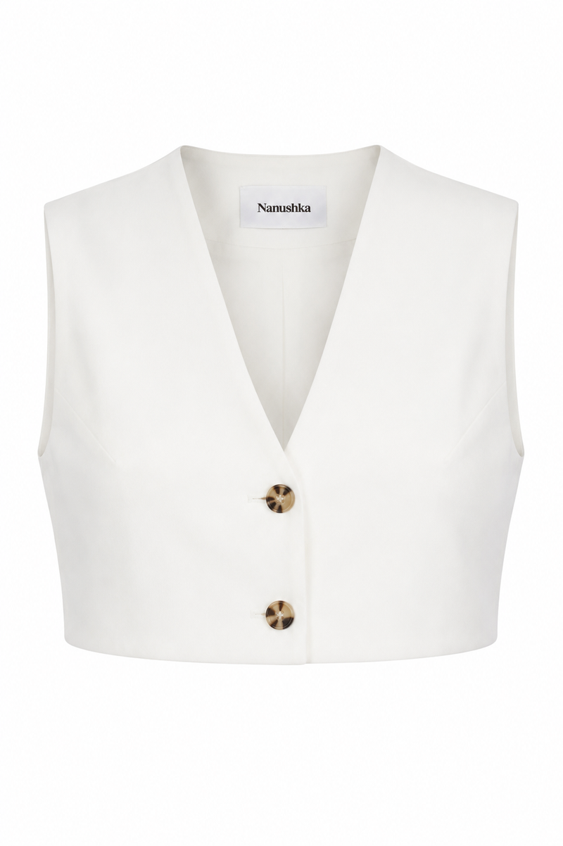 Veste courte Nanushka Suree blanc cassé en viscose structurée, coupe tailleur crop, encolure dégagée_Vue de face