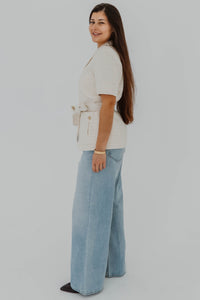 Blazer sandro truman en tweed écru avec ceinture - vue de coté