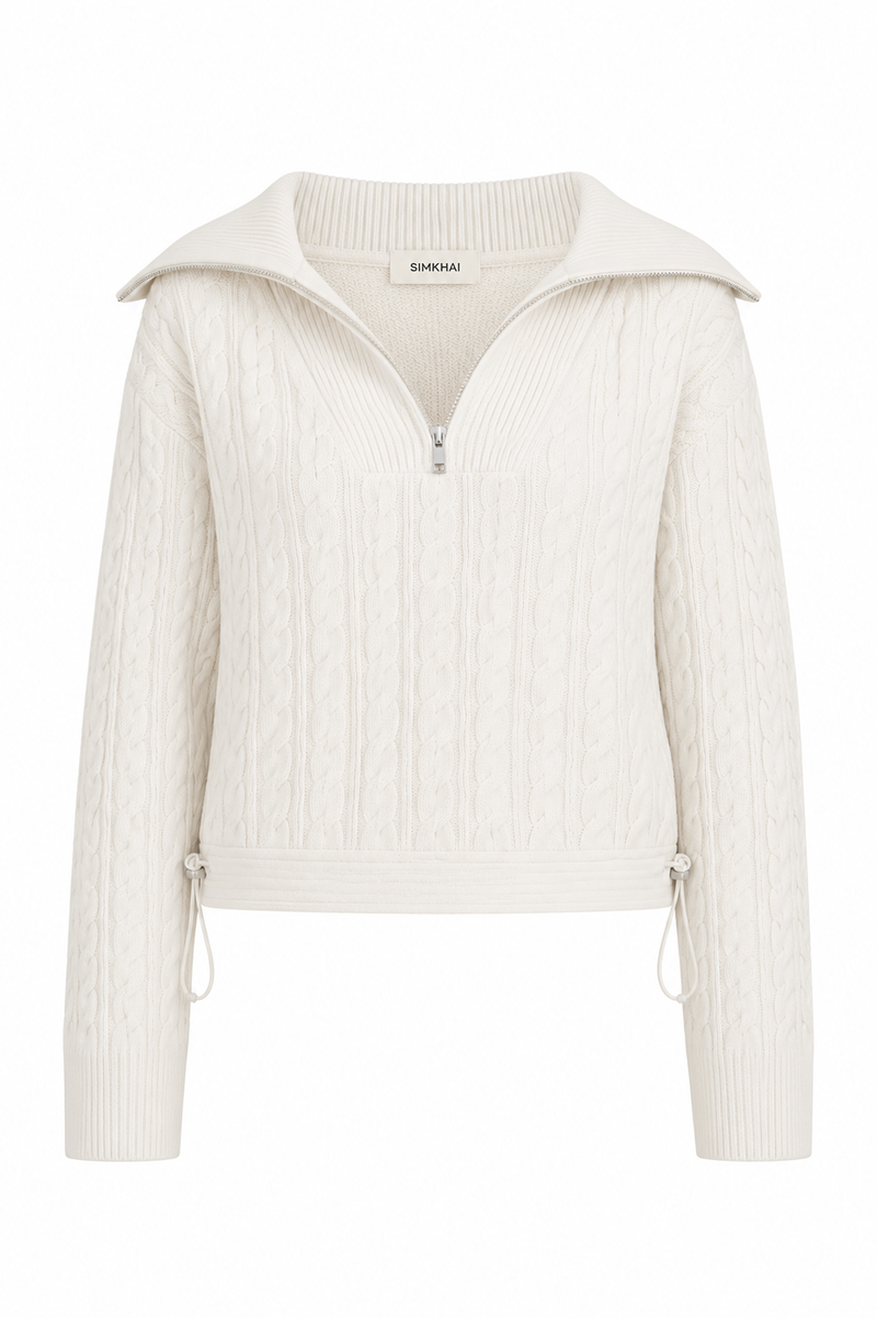 Sweater Lourdes manches longues par Simkhai en tricot blanc ivoire, coupe élégante, maille texturée premium - vue de facE