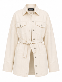 Veste en denim écru Sportmax Biblios, vue de face — silhouette oversize avec ceinture coordonnée, boutonnage partiel ouvert en bas, Made in Italy_Vue de face