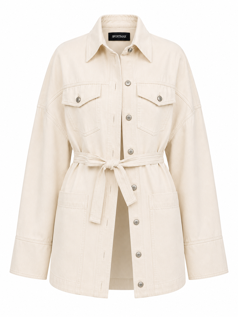 Veste en denim écru Sportmax Biblios, vue de face — silhouette oversize avec ceinture coordonnée, boutonnage partiel ouvert en bas, Made in Italy_Vue de face