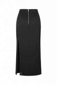 Jupe midi Sportmax Valette en satin noir, taille haute, coupe droite avec poches frontales intégrées, 100% acétate, fabriquée en Italie_vue de dos