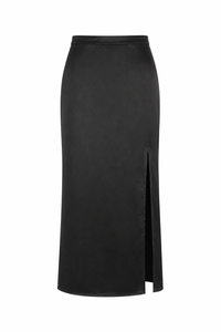 Jupe midi Sportmax Valette en satin noir, taille haute, coupe droite avec poches frontales intégrées, 100% acétate, fabriquée en Italie_vue de devant