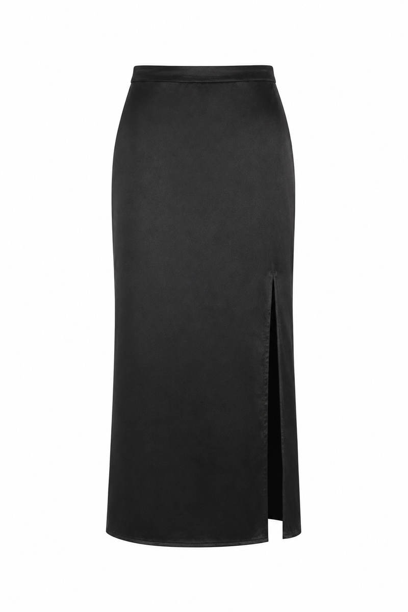Jupe midi Sportmax Valette en satin noir, taille haute, coupe droite avec poches frontales intégrées, 100% acétate, fabriquée en Italie_vue de devant