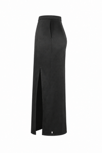 Jupe midi Sportmax Valette en satin noir, taille haute, coupe droite avec poches frontales intégrées, 100% acétate, fabriquée en Italie_vue de côté