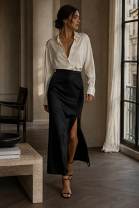 Jupe midi Sportmax Valette en satin noir, taille haute, coupe droite avec poches frontales intégrées, 100% acétate, fabriquée en Italie_editoriale