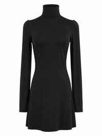 Robe mini noire Stella McCartney à col montant et dos drapé ouvert, vue de face — manches longues, viscose durable 95%, tailles XS et S, Made in Italy_vue de face