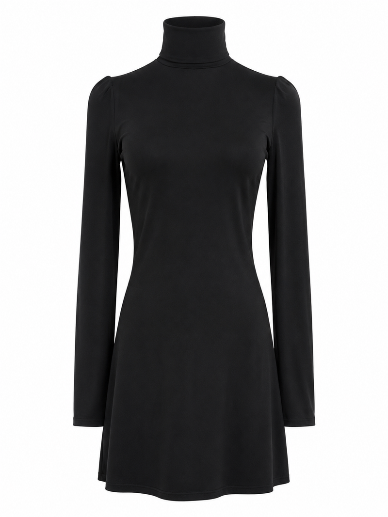 Robe mini noire Stella McCartney à col montant et dos drapé ouvert, vue de face — manches longues, viscose durable 95%, tailles XS et S, Made in Italy_vue de face