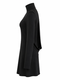 Vue en 3/4 dos de la robe mini noire Stella McCartney — drapé ouvert fluide, coupe architecturale col montant et dos libéré_vue de côté