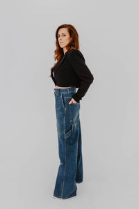 Jeans carpenter bleu foncé Stella McCartney, coupe jambe large, style workwear vintage, denim structuré - vue latérale
