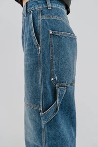 Jeans carpenter bleu foncé Stella McCartney, coupe jambe large, style workwear vintage, denim structuré - détail ganse denim