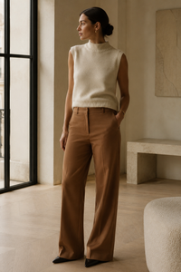 Pantalon droit en laine Stella McCartney couleur brun tabac, coupe élégante jambe droite, vue editoriale