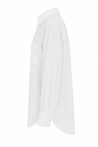 Chemise Stella McCartney blanche en poplin oversize avec boutonnage frontal, manches longues, coupe ample et décontractée, style minimaliste contemporain - vue de côté