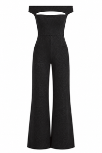 Jumpsuit Chiara Boni La Petite Robe Rebecca en lurex noir métallique avec encolure épaules dénudées et découpes stratégiques_Vue de face