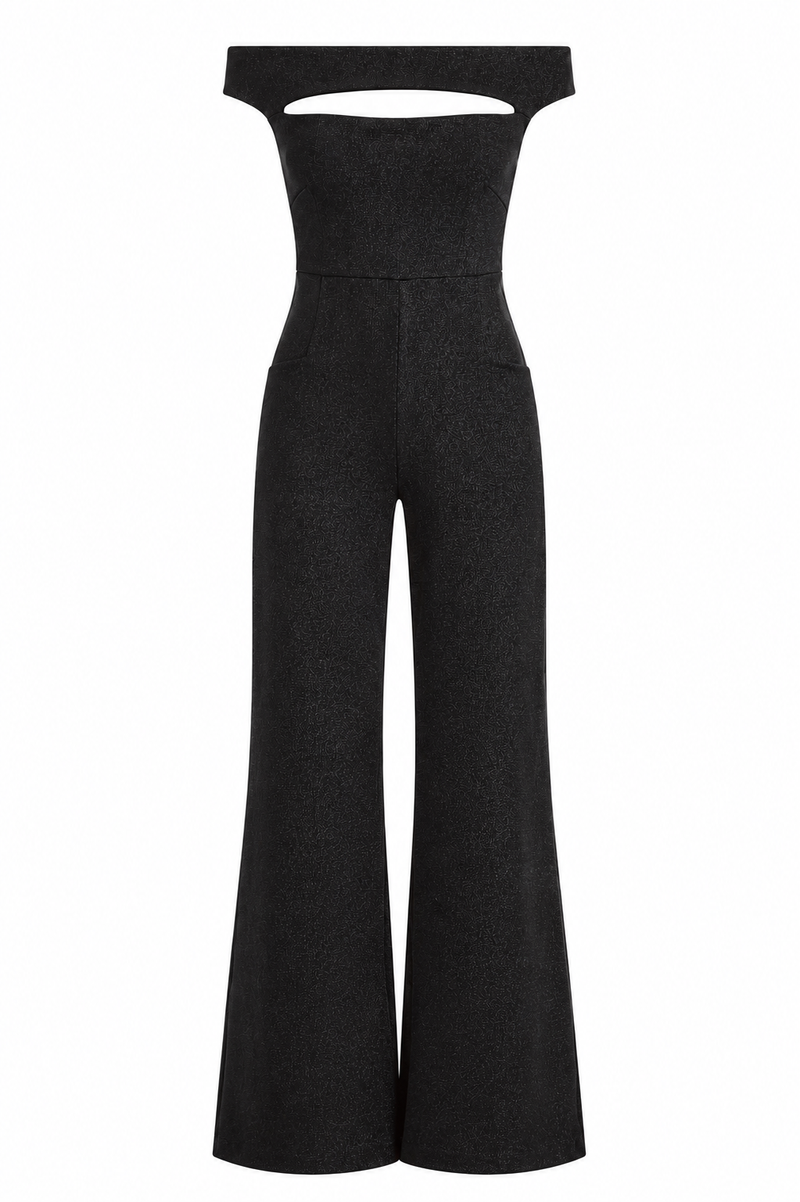 Jumpsuit Chiara Boni La Petite Robe Rebecca en lurex noir métallique avec encolure épaules dénudées et découpes stratégiques_Vue de face