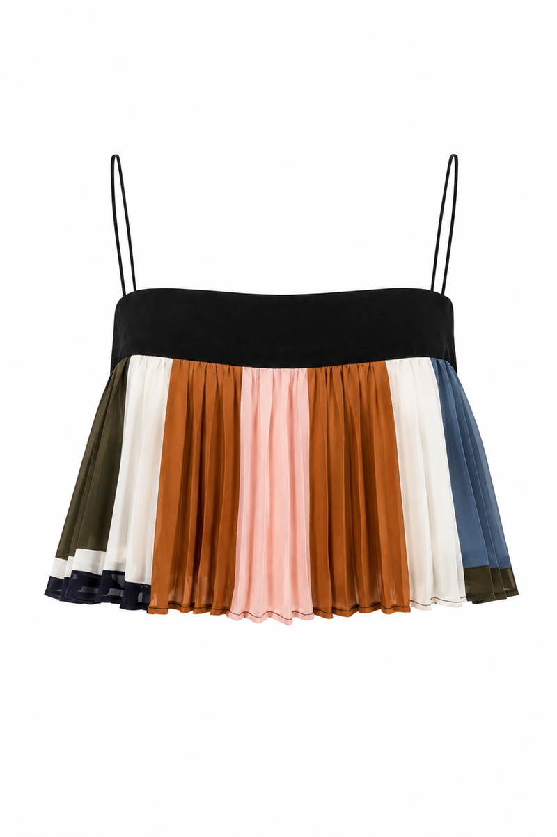 Haut court plissé accordéon Veronica Beard, bande noire structurée avec bretelles fines réglables, panneaux multicolores color-blocking en bleu ardoise, olive, crème, cognac terracotta et rose poudré, coupe trapèze en crêpe léger — style chic estival_Vue de face
