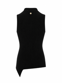 Détail de l'ourlet asymétrique du haut Versace noir côtelé — coupe décalée sur maille viscose-polyester extensible_vue de dos