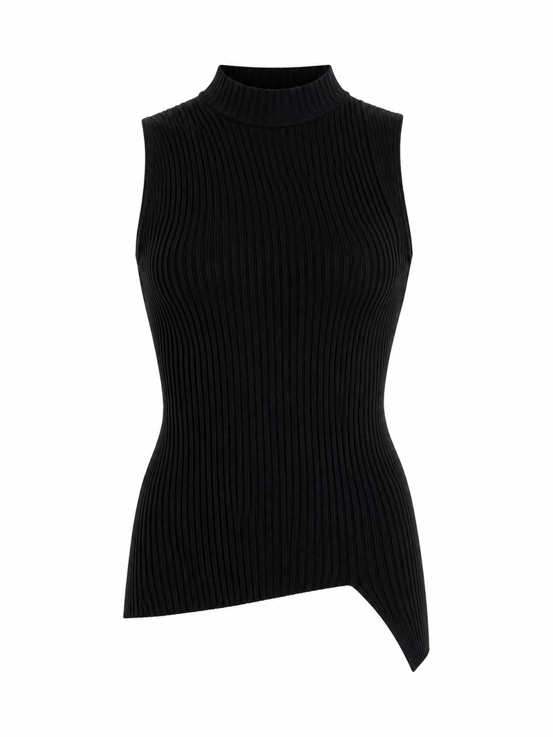 Haut en maille côtelée Versace noir asymétrique, vue de face — silhouette sans manches ajustée, 88% viscose, Made in Italy_vue de face