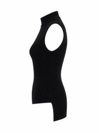 Haut Versace noir vue de dos — clou tête de Méduse doré révélé, coupe asymétrique signature, Made in Italy_vue de côté gauche