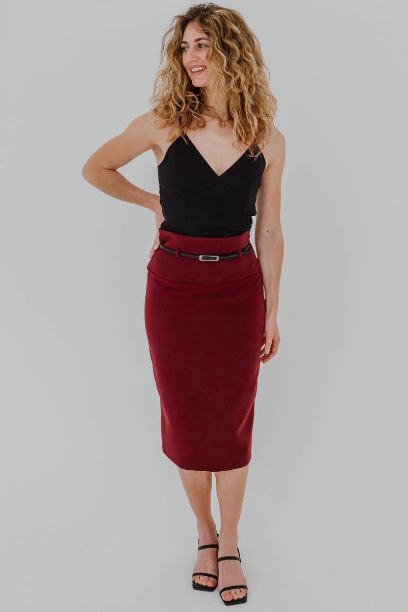 black halo la jupe crayon jack o bordeaux avec ceinture - vue de face