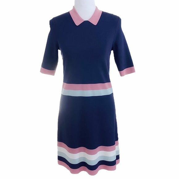 TED BAKER ORIGAMI NAVY PINK WHITE SAGE STRIPED COLLARED SHORT SLEEVE DRESS- SIZE 0 - NEW WITHOUT TAG