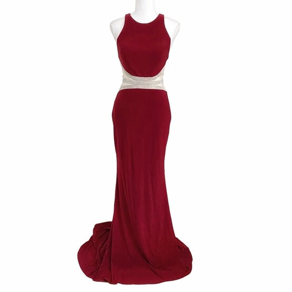 Anny LEE RED RHINESTONE MESH SLEEVELESS EVENING FORMAL GOWN DRESS - S