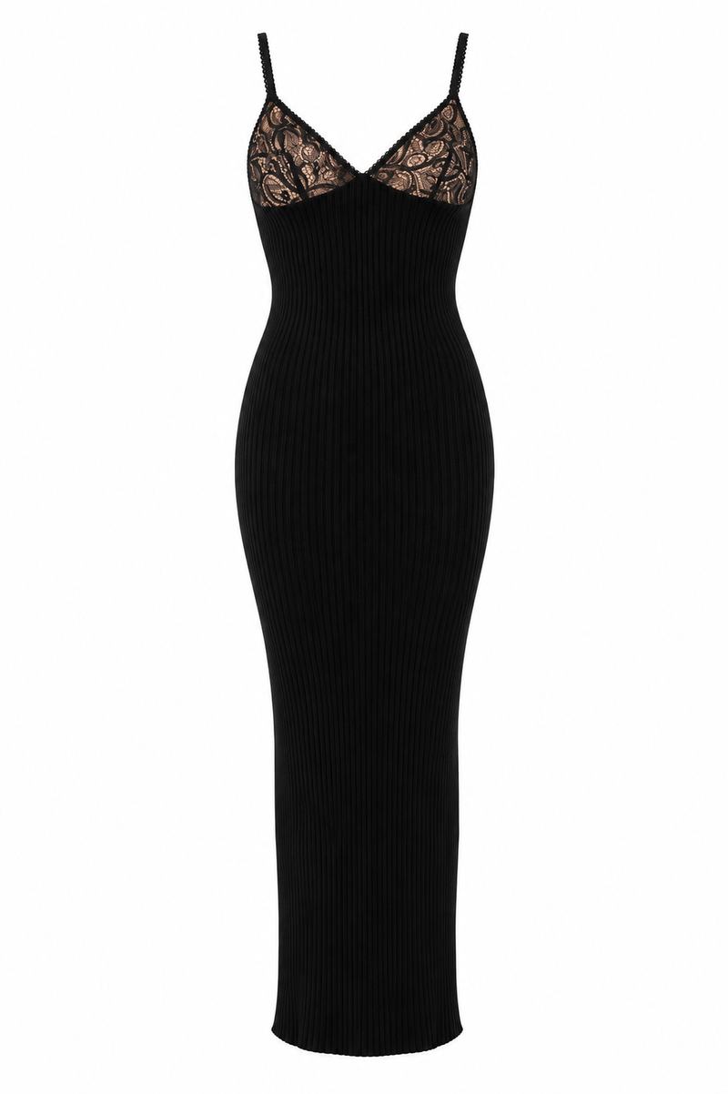 Robe maxi Ronny Kobo Pascale noire avec bustier dentelle, encolure V et tricot côtelé extensible bodycon vue de face