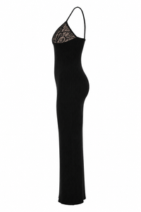 Robe maxi Ronny Kobo Pascale noire avec bustier dentelle, encolure V et tricot côtelé extensible bodycon vue de côté