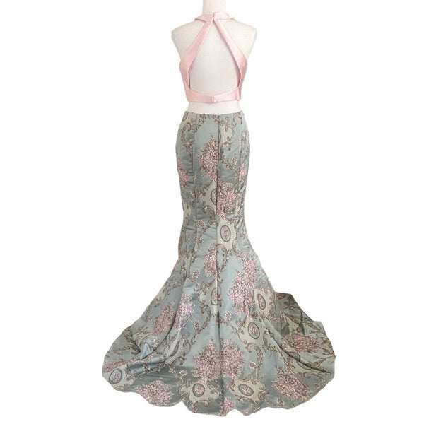 ALYCE PARIS 2 PIECES LIGHT BLUE SOFT PINK FLORAL EMBROIDERED BROCADE HIGH RISE SIRENE SKIRT HALTER CROPPED TOP DRESS